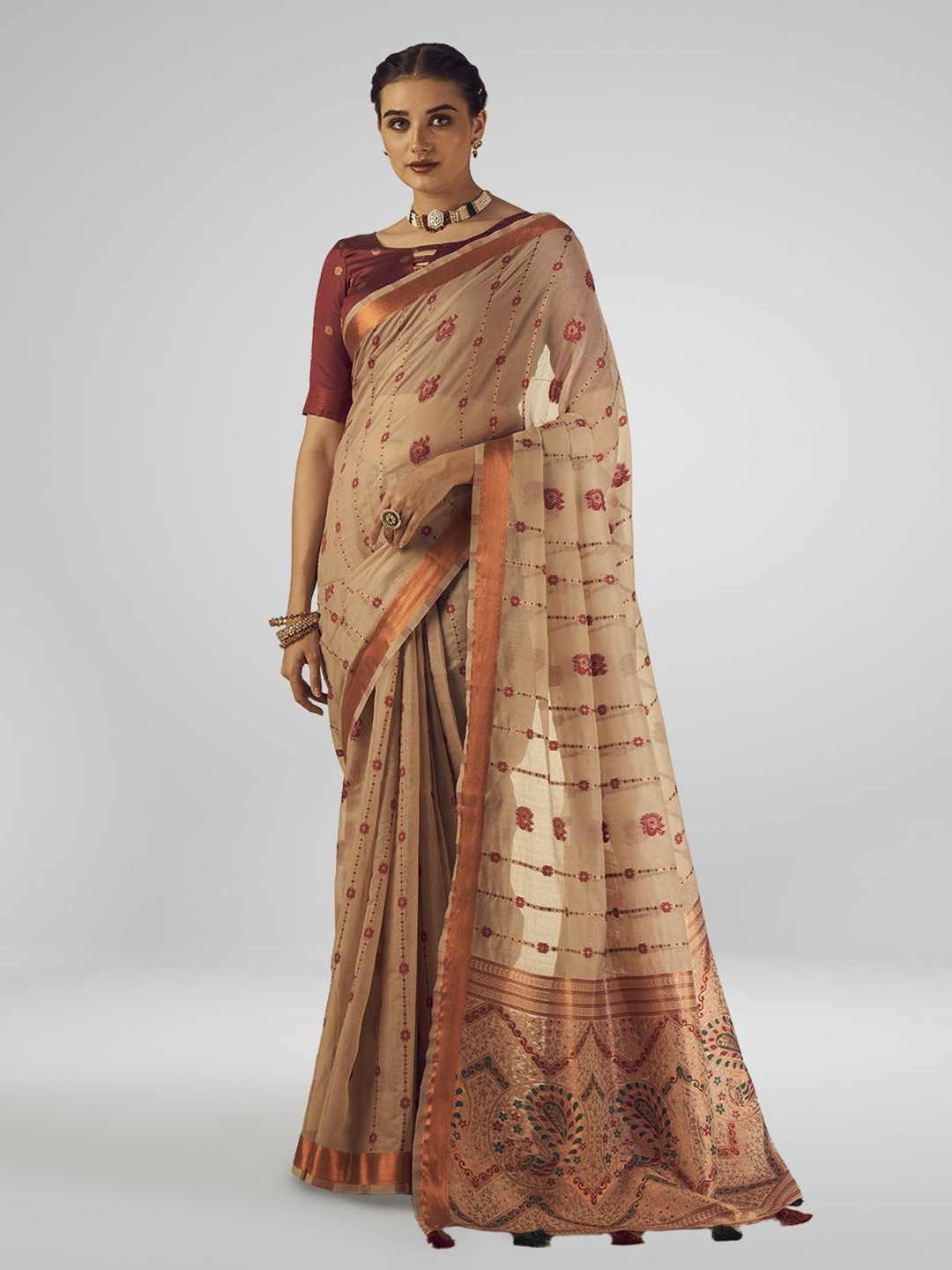 

Aura Woven Design Pure Cotton Saree, Brown
