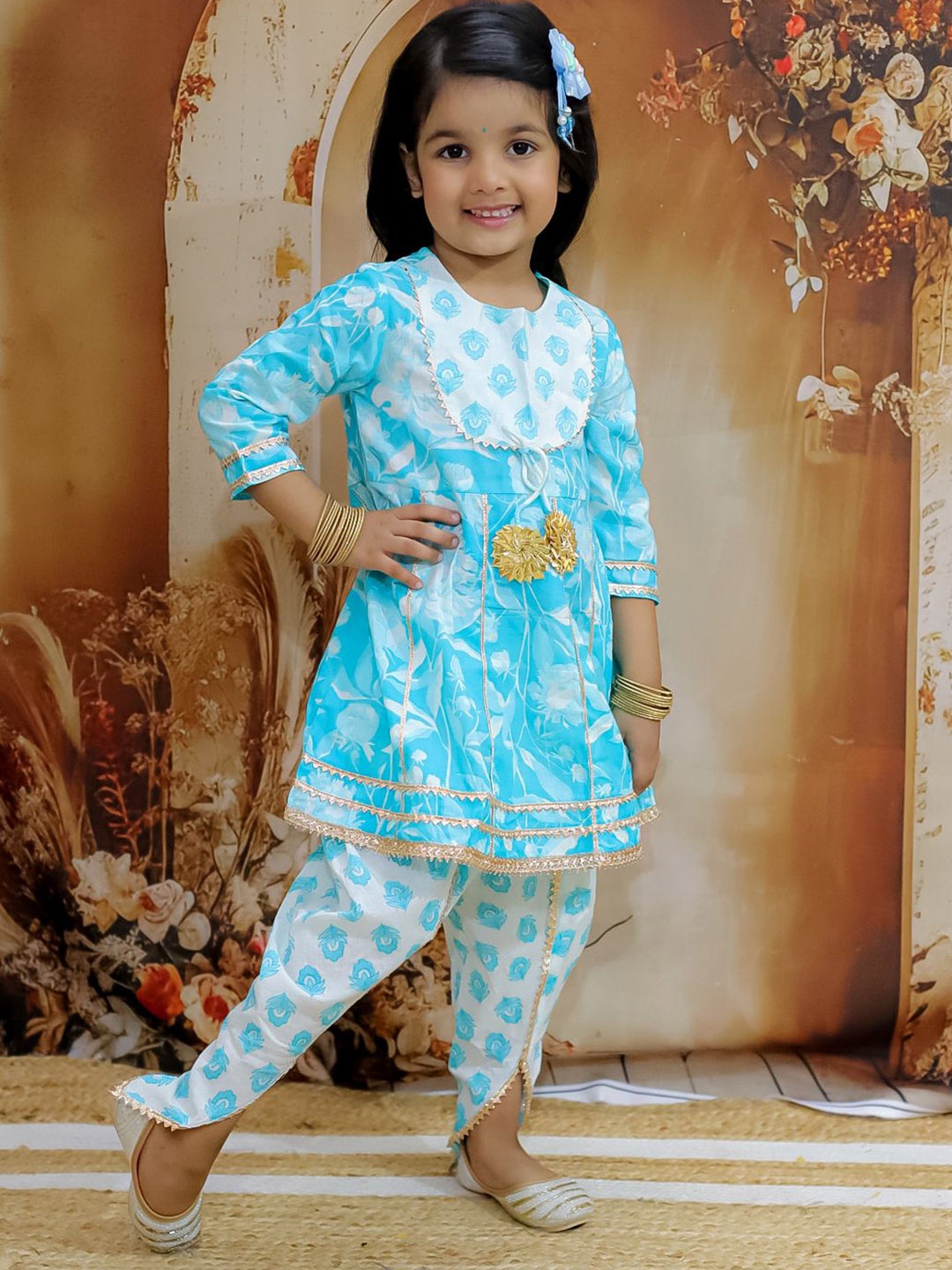 

KID1 Girls Floral Printed Gotta Patti Pure Cotton Anarkali Kurta With Dhoti Pants, Blue