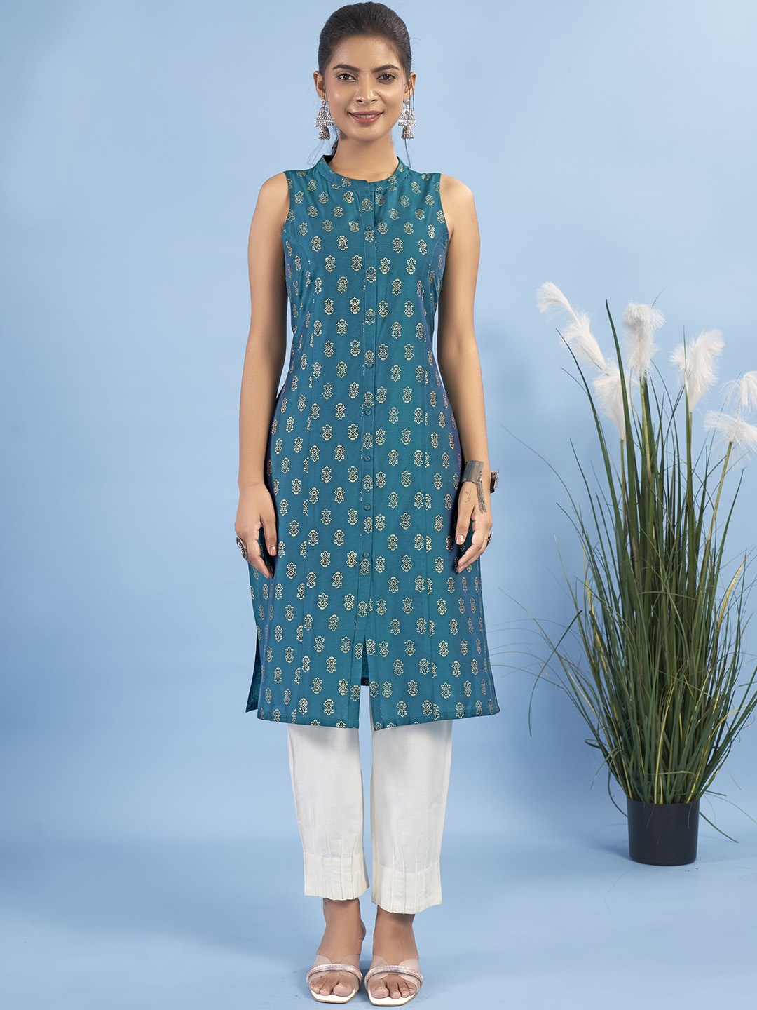 

IWUMAN Ethnic Motifs Printed Mandarin Collar Sleeveless A-Line Kurta, Teal