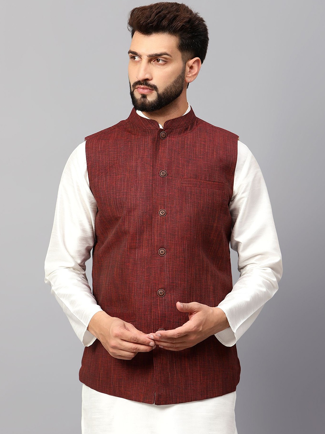 

Latest Chikan Garments Woven Design Nehru Jacket, Maroon