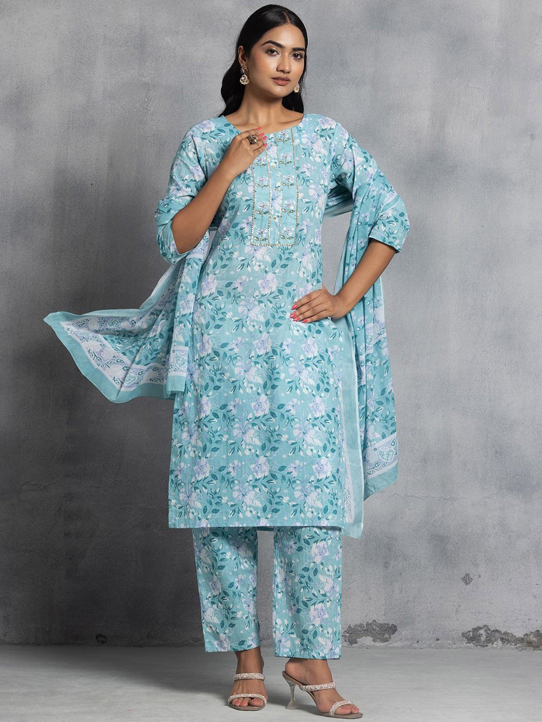 

Rang by Indya Printed Gotta Patti Pure Cotton Straight Kurta With Trousers & Dupatta, Blue