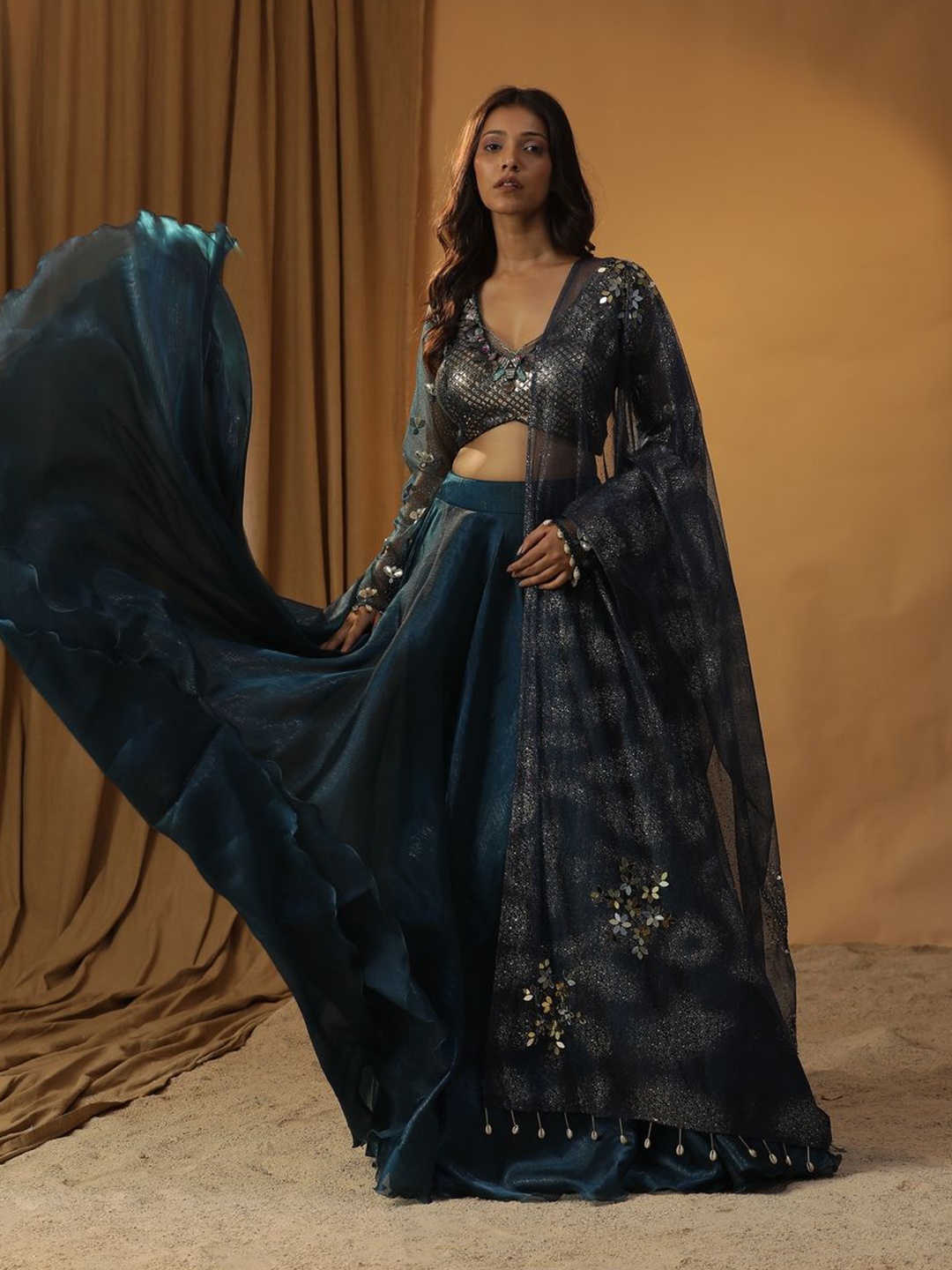 

ARPITA SULAKSHANA Embellished Sequinned Made to Measure Lehenga & Blouse With Dupatta, Navy blue