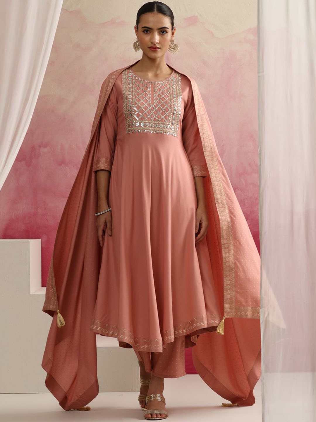 

Khushal K Floral Yoke Design Sequinned Anarkali Kurta With Palazzos & Dupatta, Peach