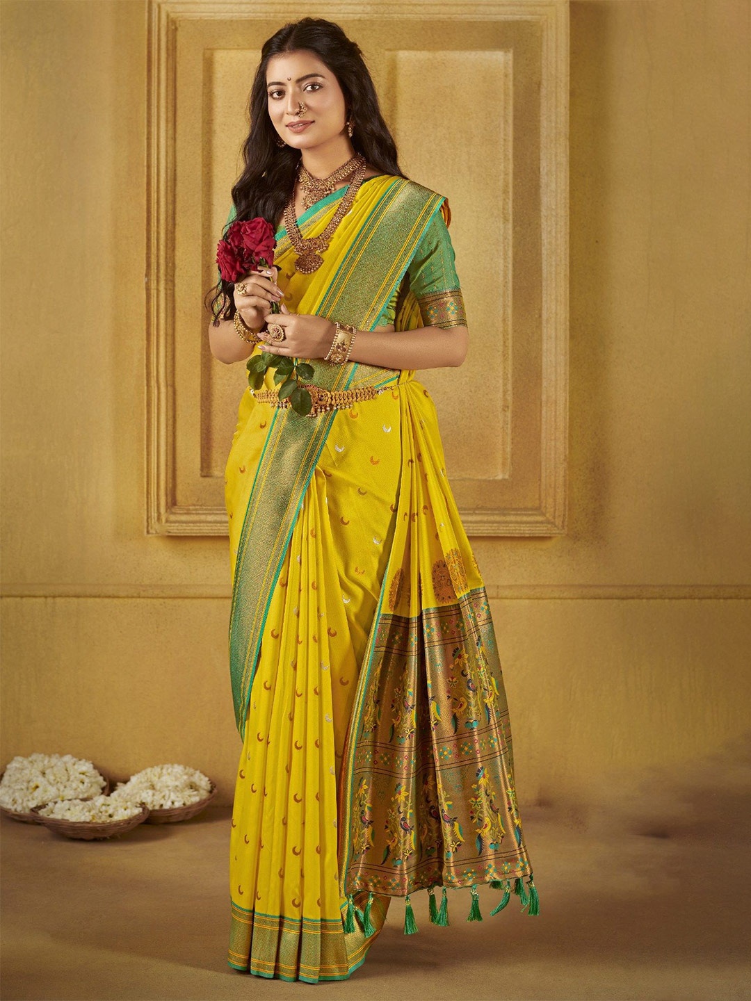

MySilkLove Ethnic Motif Zari Woven Paithani Saree, Yellow