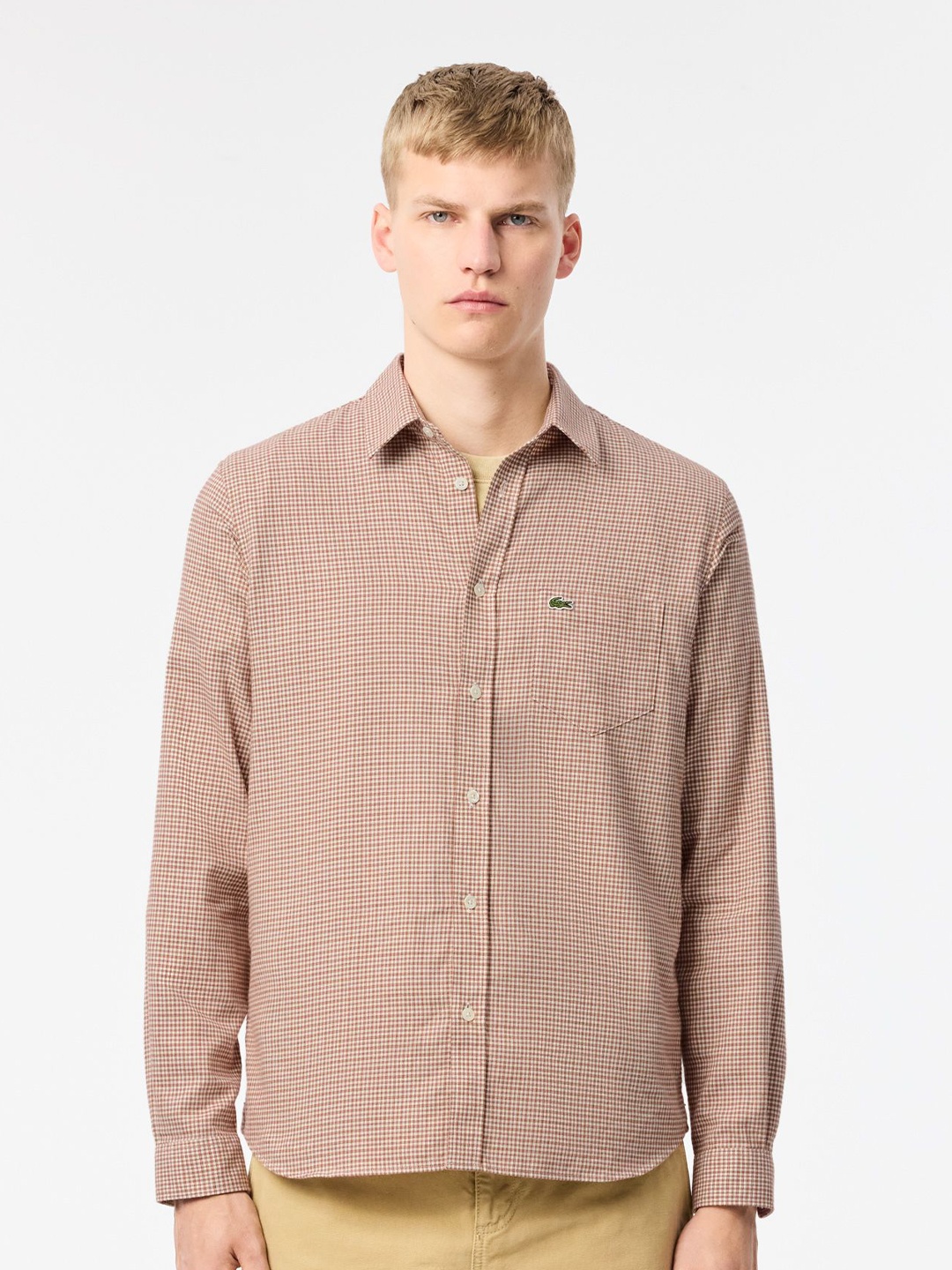 

Lacoste Men Micro Checked Spread Collar Casual Shirt, Beige