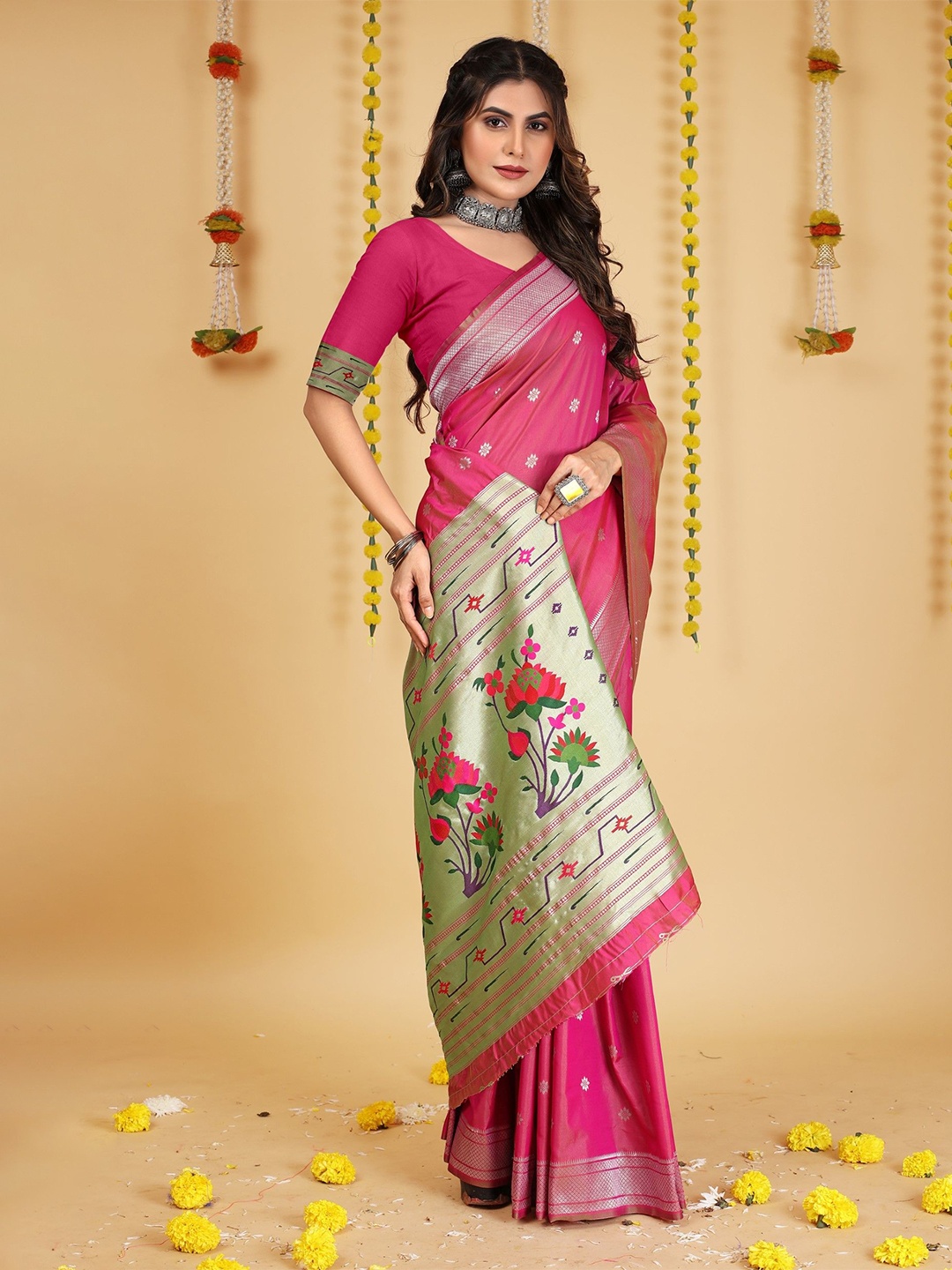 

LeeliPeeri Designer Woven Design Zari Paithani Saree, Pink