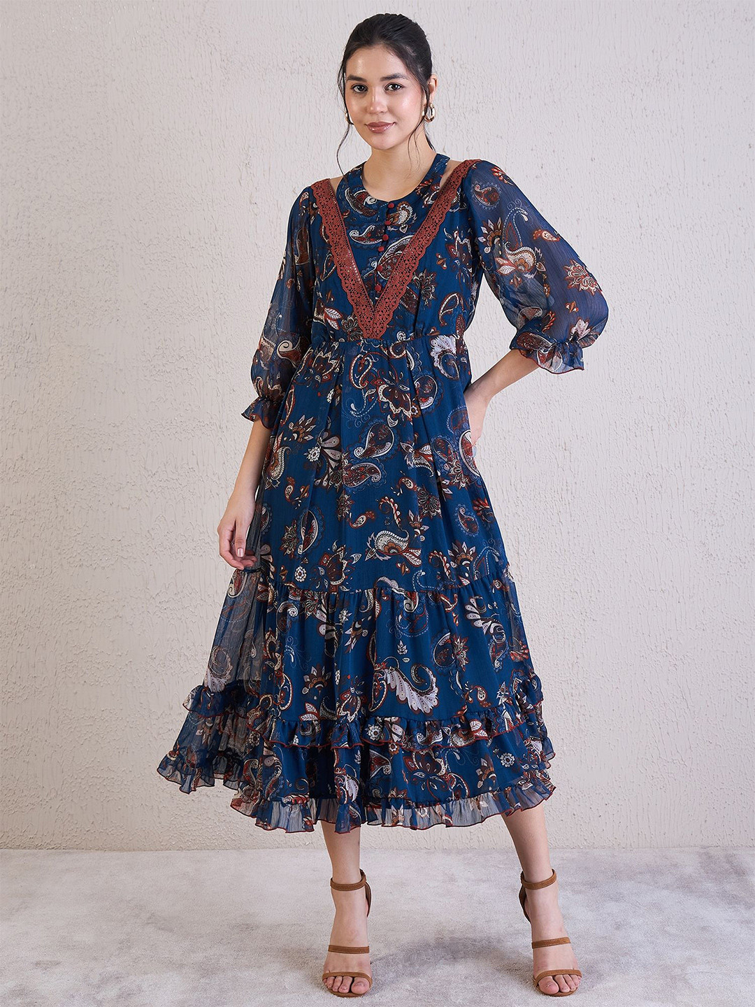 

Antheaa Ethnic Motifs Printed Chiffon A-Line Midi Dress, Blue