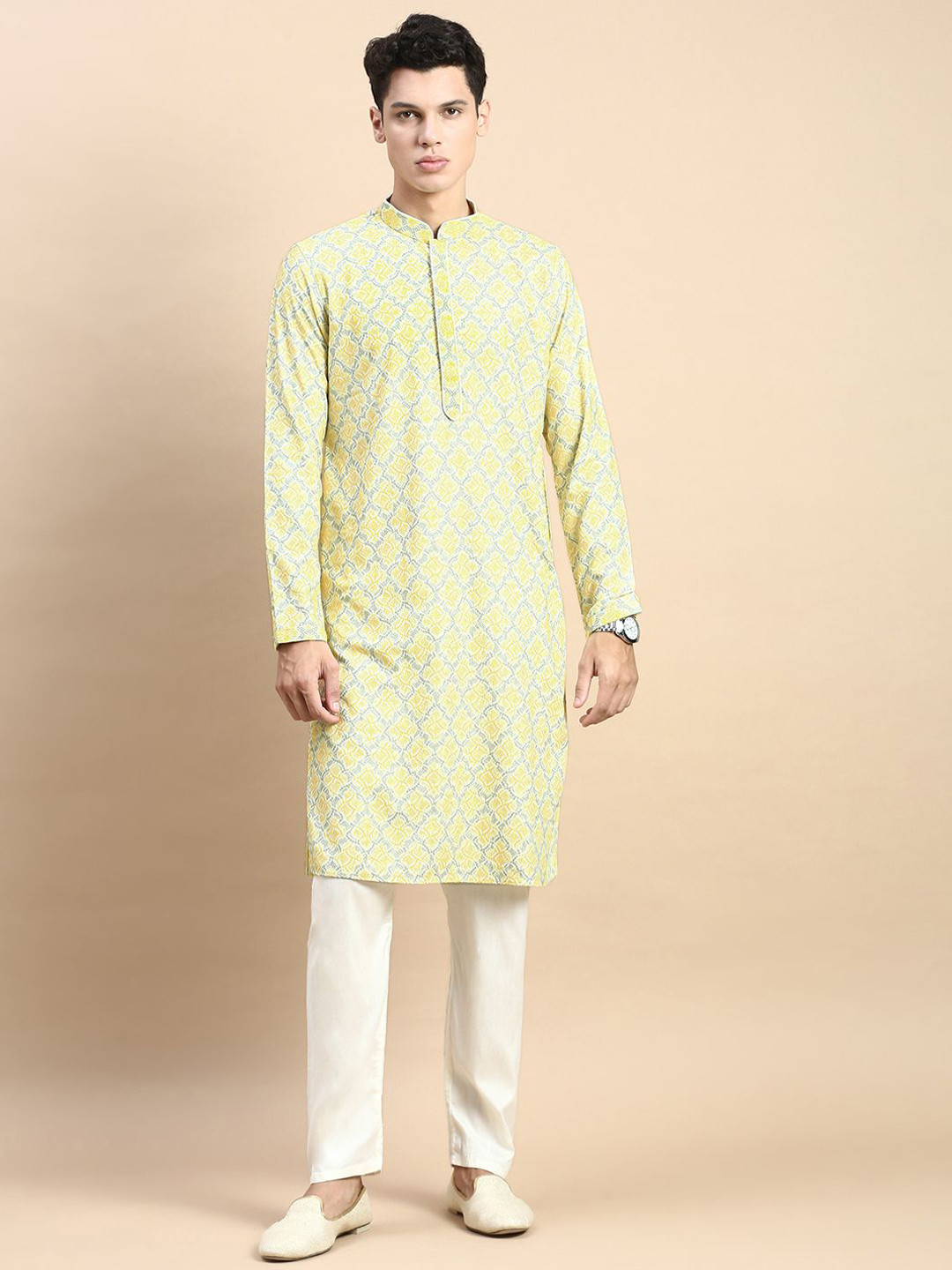 

Rishika Men Ethnic Motifs Regular Thread Work Pure Cotton Kurta with Pyjamas, Yellow