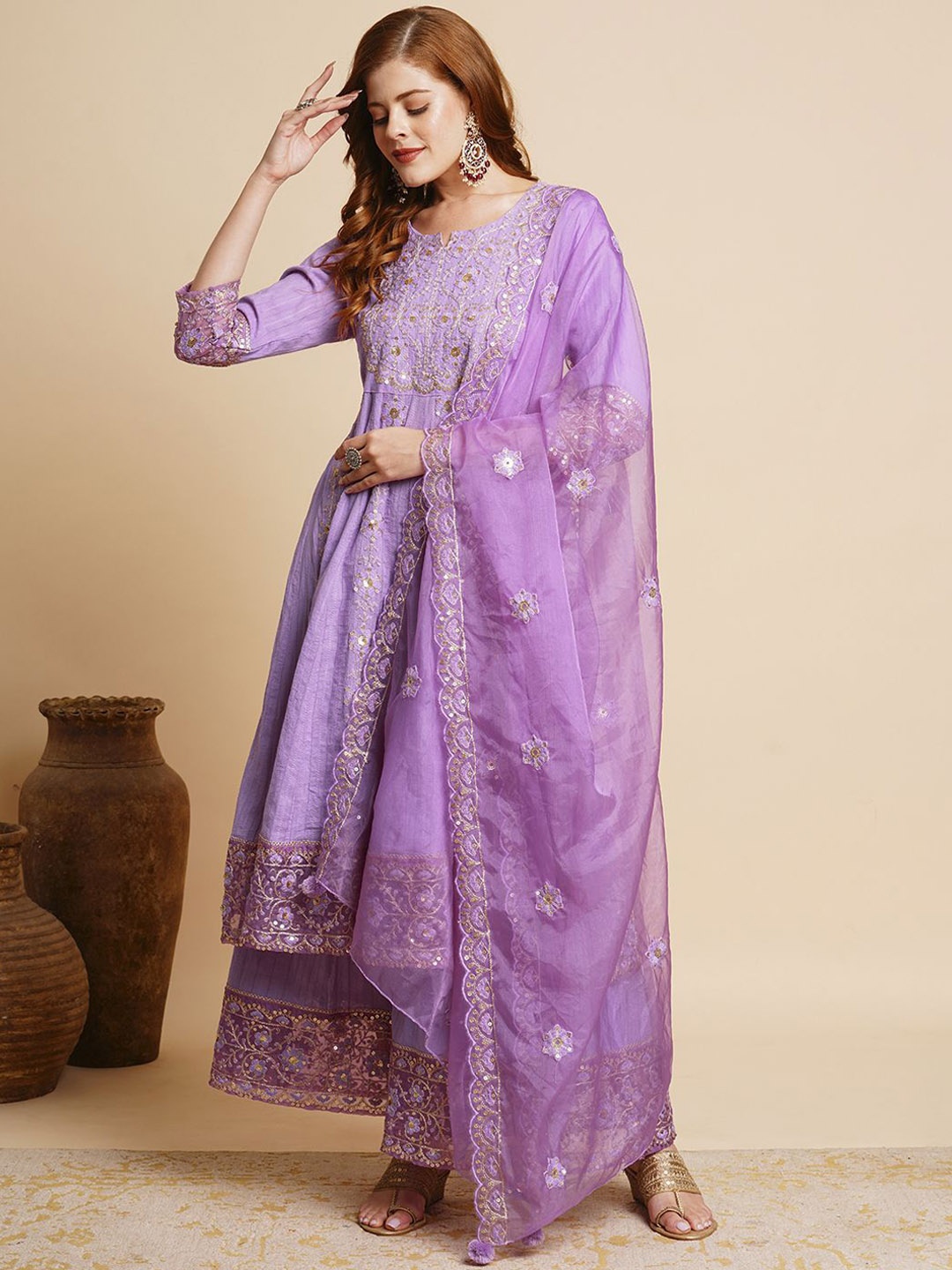 

FASHOR Women Floral Embroidered Panelled Pure Cotton Kurta with Palazzos & With Dupatta, Purple