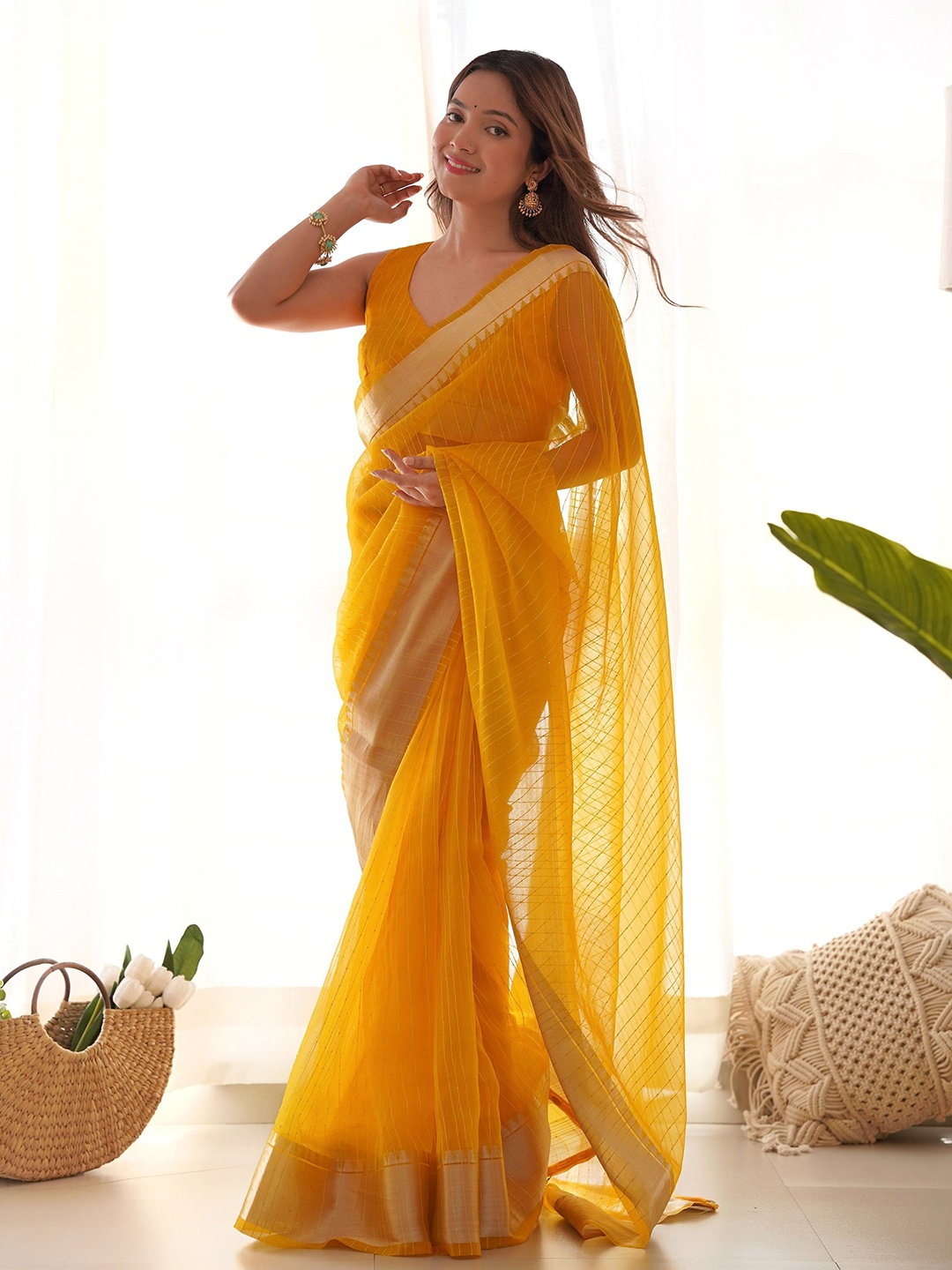 

KALINI Striped Sequinned Zari Woven Khadi Saree, Yellow