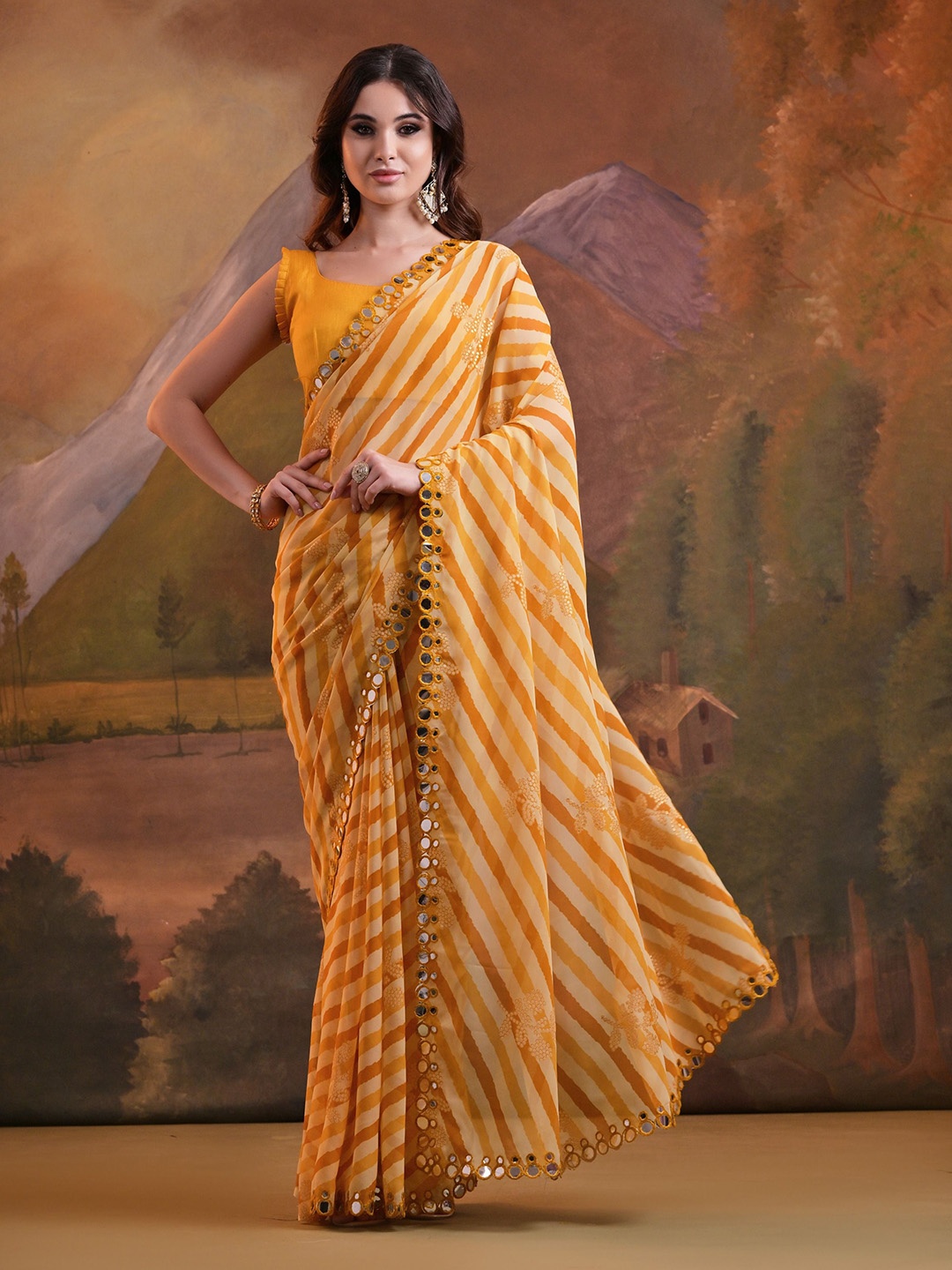 

Globon Impex Leheriya Mirror Work Pure Georgette Saree, Cream