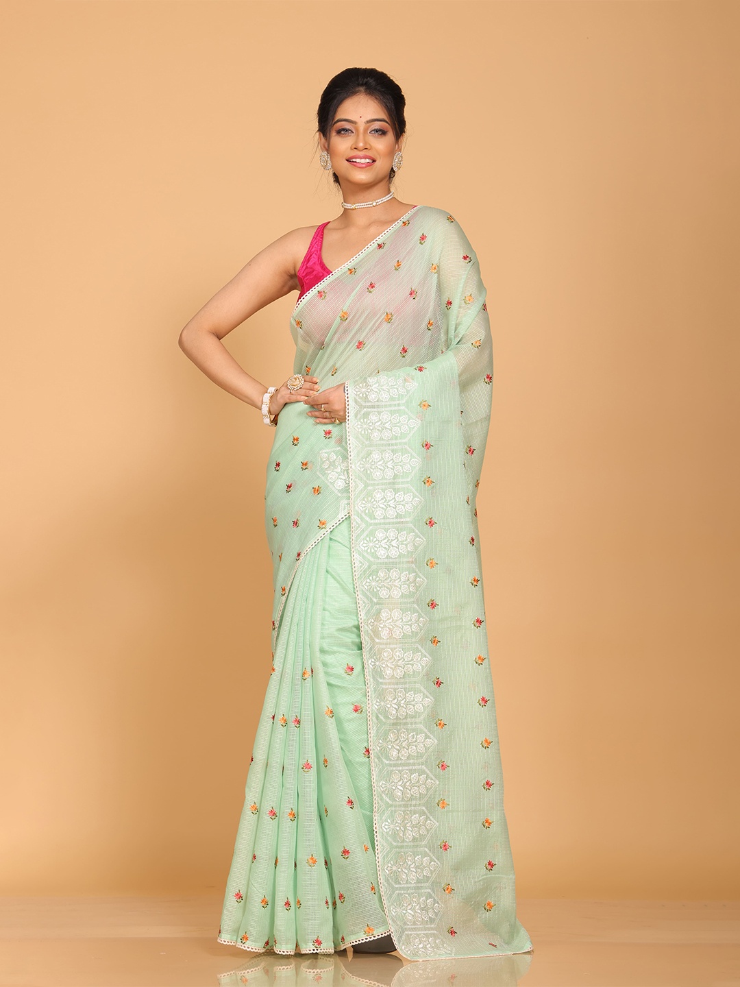 

Morchari Pure Cotton Floral Embroidered Party Saree, Green