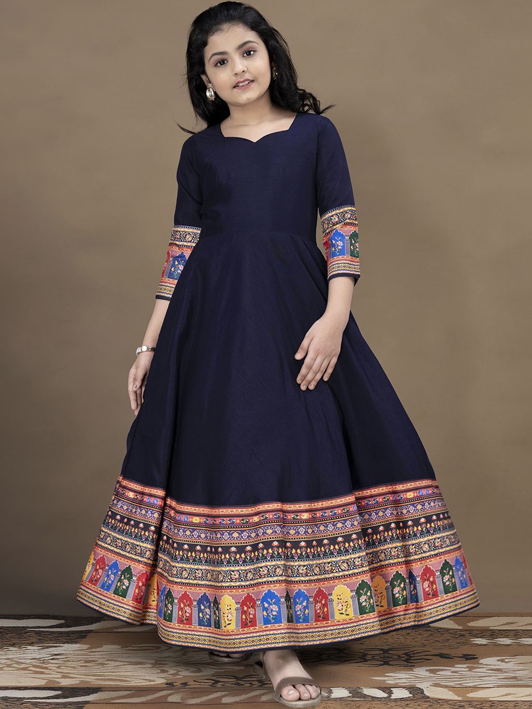 

FASHION DREAM Girls Printed Maxi Ethnic Dress, Navy blue