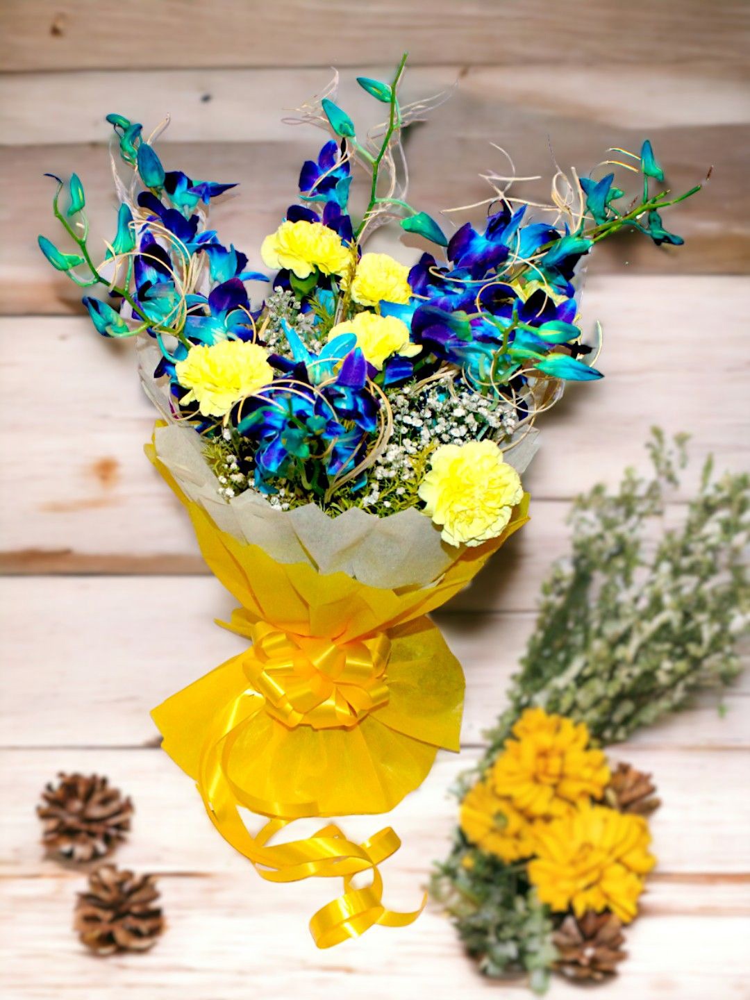 

bettergiftflowers 12Pc Blue Orchids & Yellow Carnations Fresh Flowers
