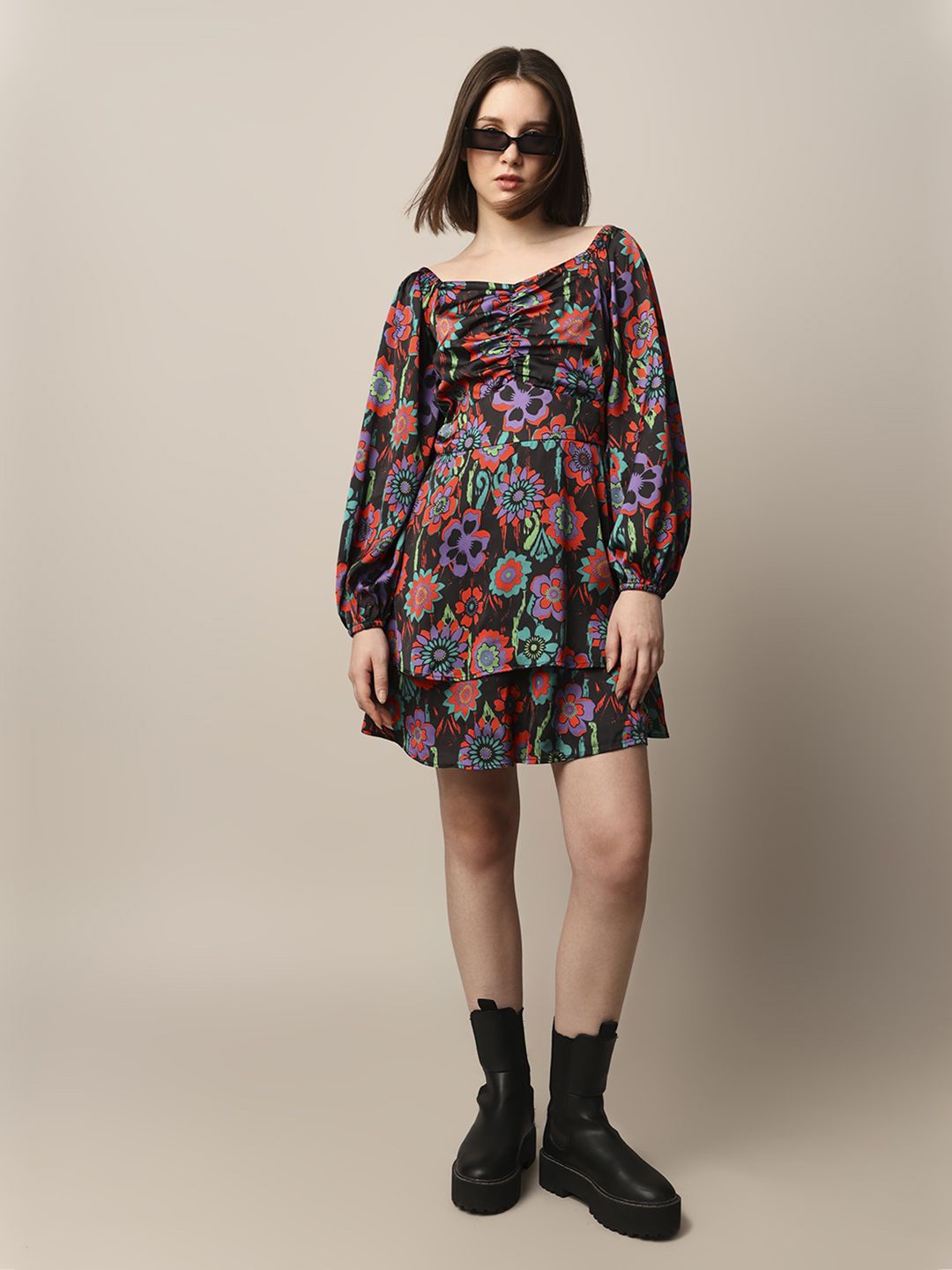 

ONLY Floral Printed Puff Sleeve Satin A-Line Dress, Black