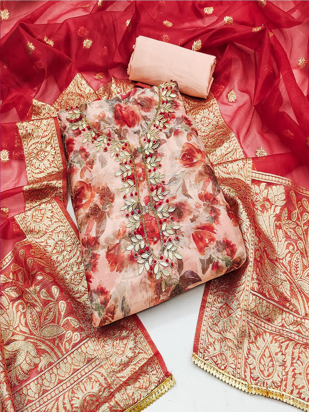 

Lilots Organza Unstitched Dress Material, Peach