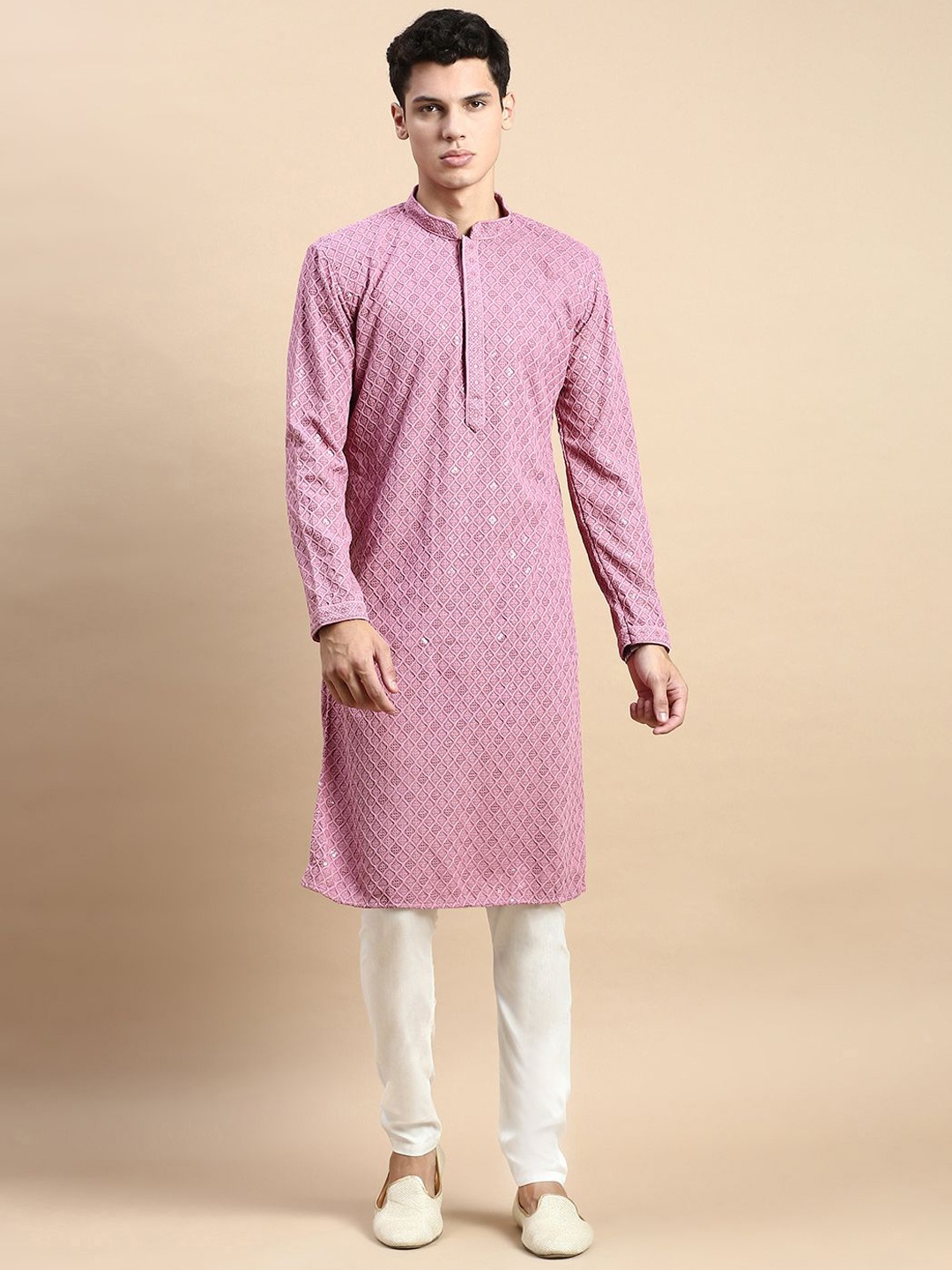 

Rishika Men Embroidered Regular Sequinned Pure Cotton Kurta with Pyjamas, Pink