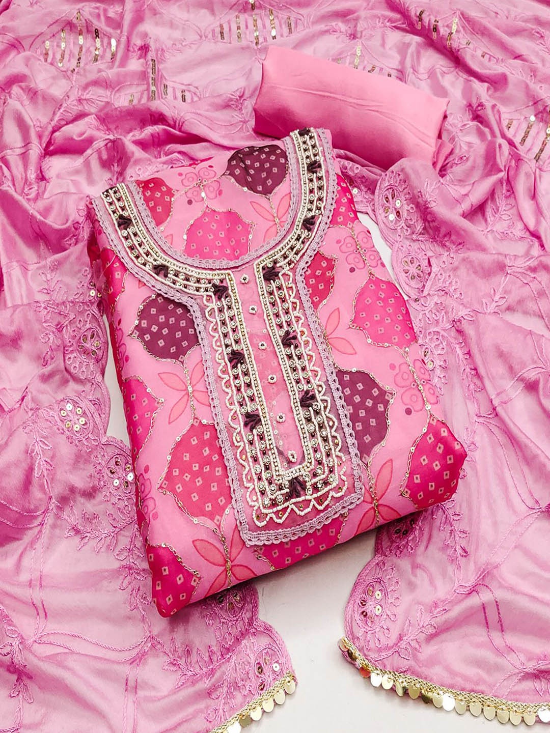 

Lilots Organza Unstitched Dress Material, Pink