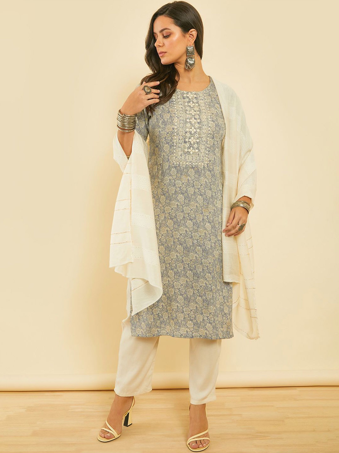 

Soch Women Floral Printed Regular Mirror Work Kurta with Trousers & With Dupatta, Blue