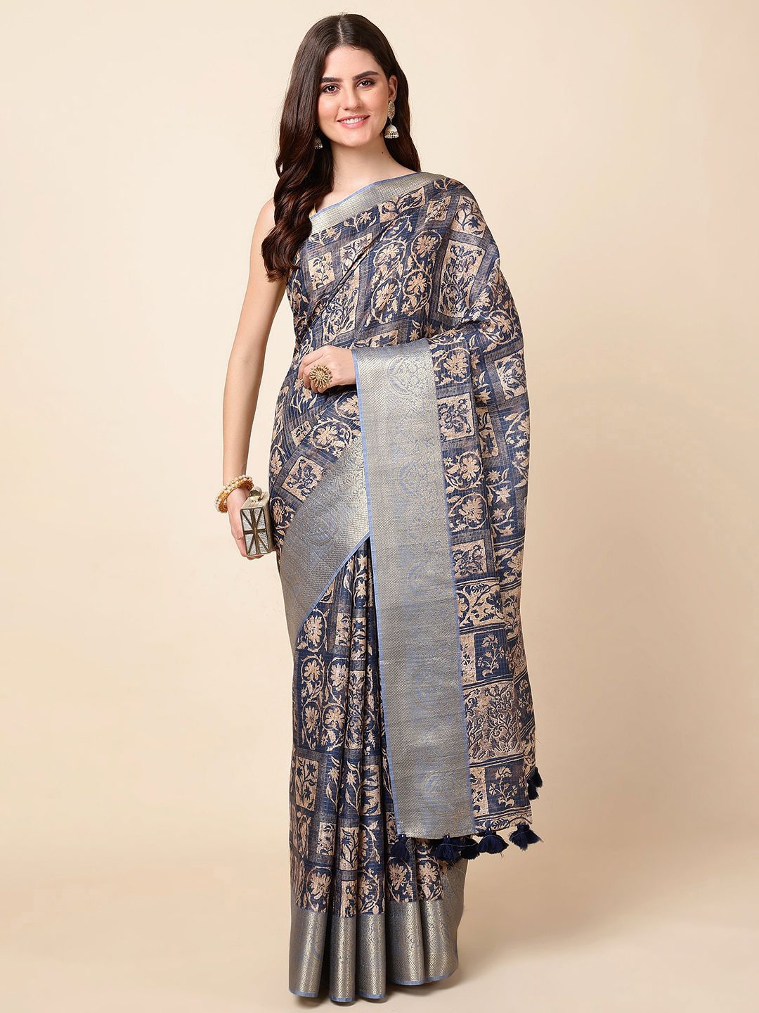 

Meena Bazaar Ethnic Motifs Zari Tussar Saree, Blue