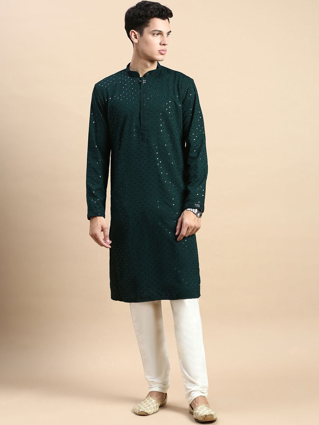 

Rishika Men Ethnic Motifs Embroidered Regular Sequinned Pure Cotton Kurta with Pyjamas, Green