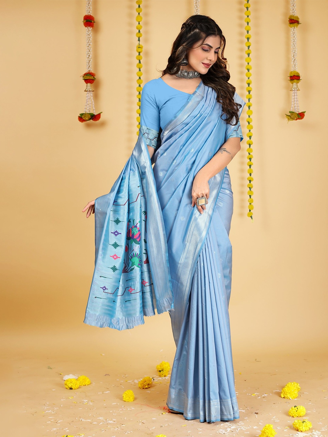 

LeeliPeeri Designer Ethnic Motif Zari Woven Paithani Saree, Turquoise blue