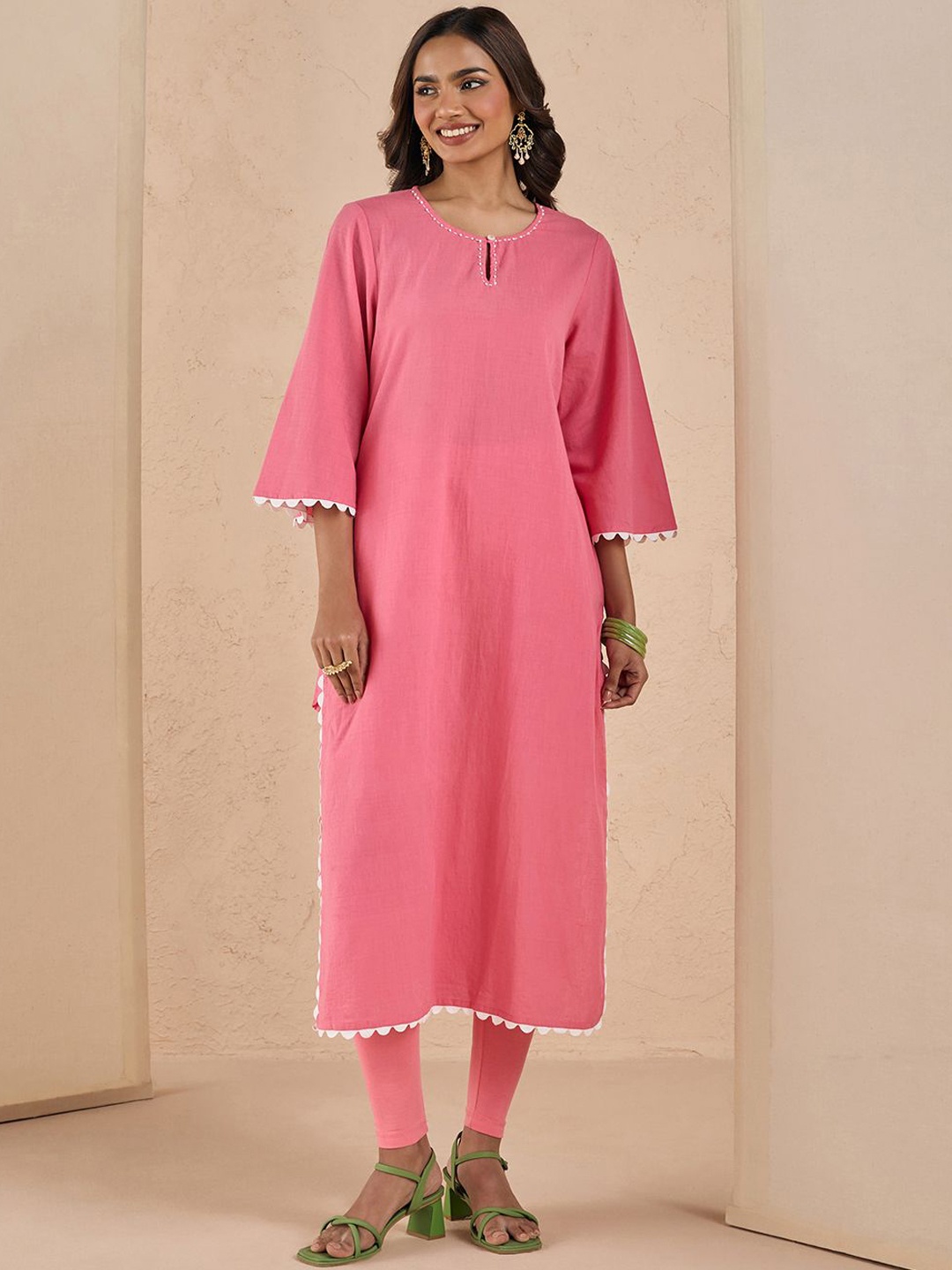 

Likha Women Keyhole Neck Flared Sleeves Organic Cotton Kurta, Pink