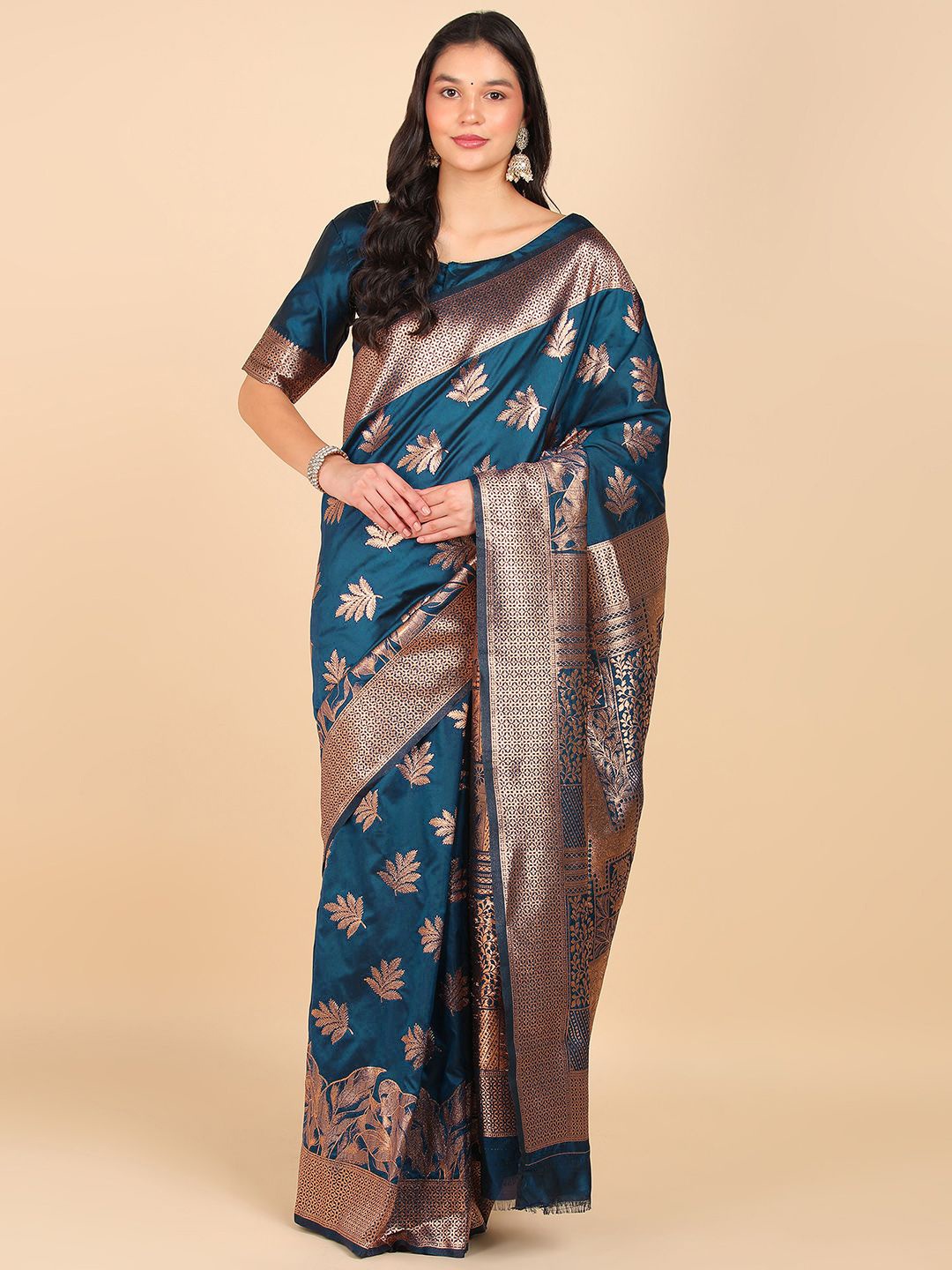 

LEAFFEB Woven Design Zari Pure Silk Banarasi Saree, Teal