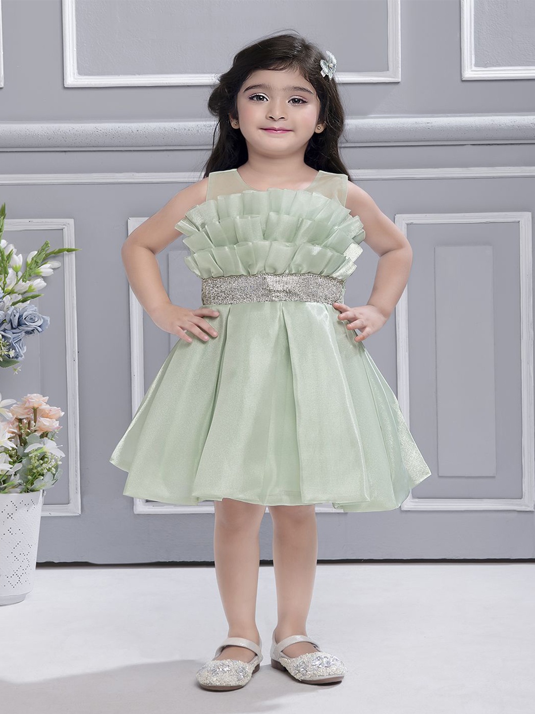 

Ministitch Girls Fit & Flare Dress, Sea green