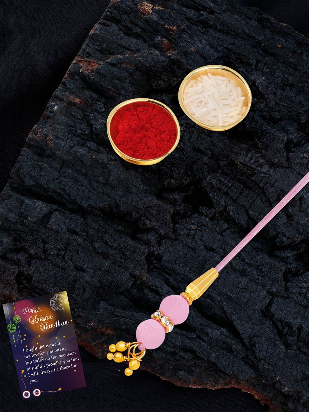 

Silver Shine Set Of 2 Rakhi With Roli Chawal Greeting Card & Pooja Thali, Multi