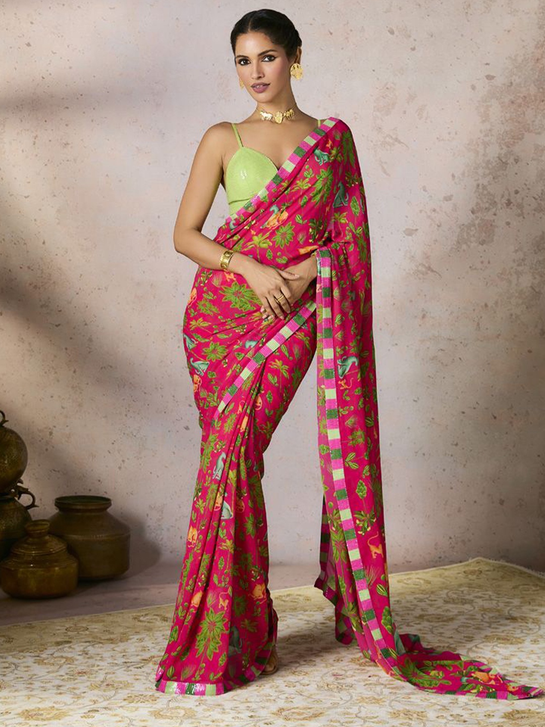 

Masaba Floral Sequinned Pure Georgette Saree, Pink