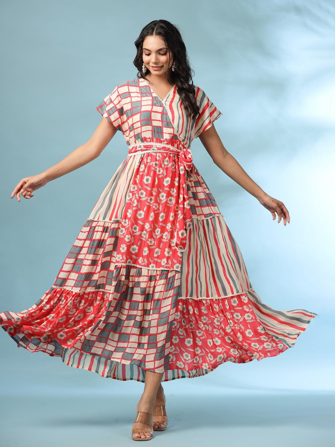 

AUTUMN LANE Printed Cotton Fit & Flared Maxi Ethnic Dresses, Red