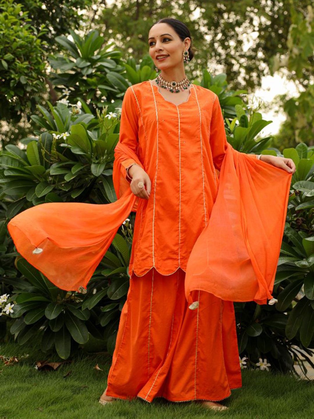 

PHEETA Women Embroidered Regular Gotta Patti Pure Cotton Kurta with Palazzos & With Dupatta, Orange