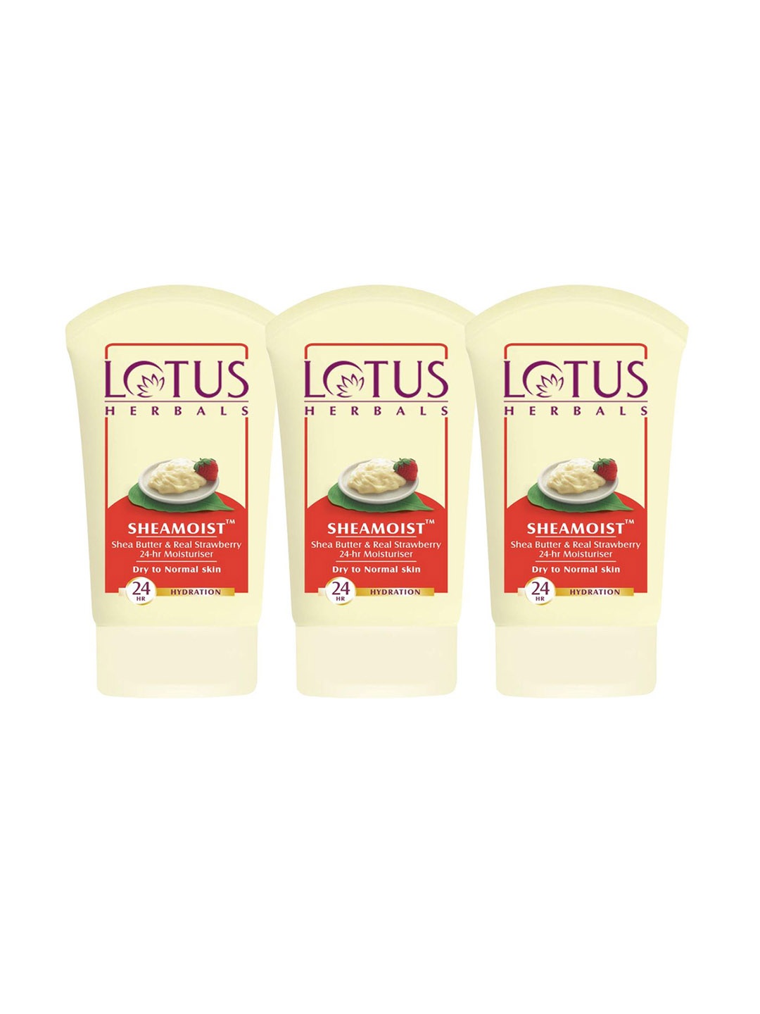 

Lotus Herbals 3-Pcs Sheamoist Shea Butter & Real Strawberry 24HR Moisturiser - 120 g each, Cream