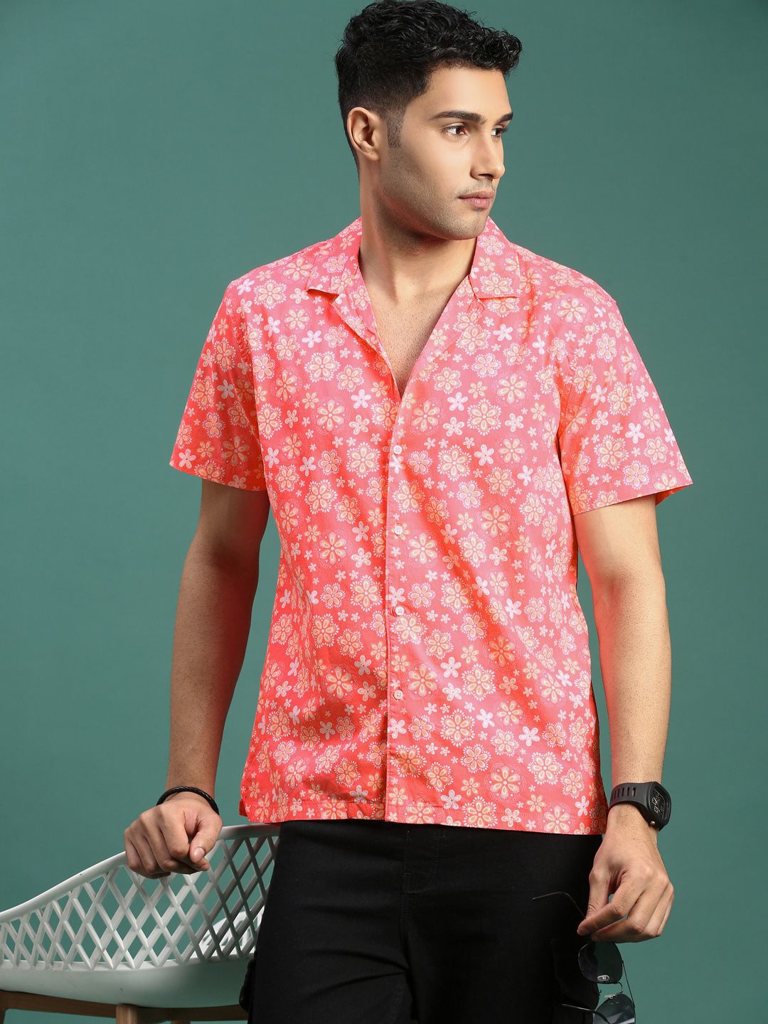 

SHOWOFF Men Standard Cuban Collar Floral Printed Relaxed Fit Shirt, Coral