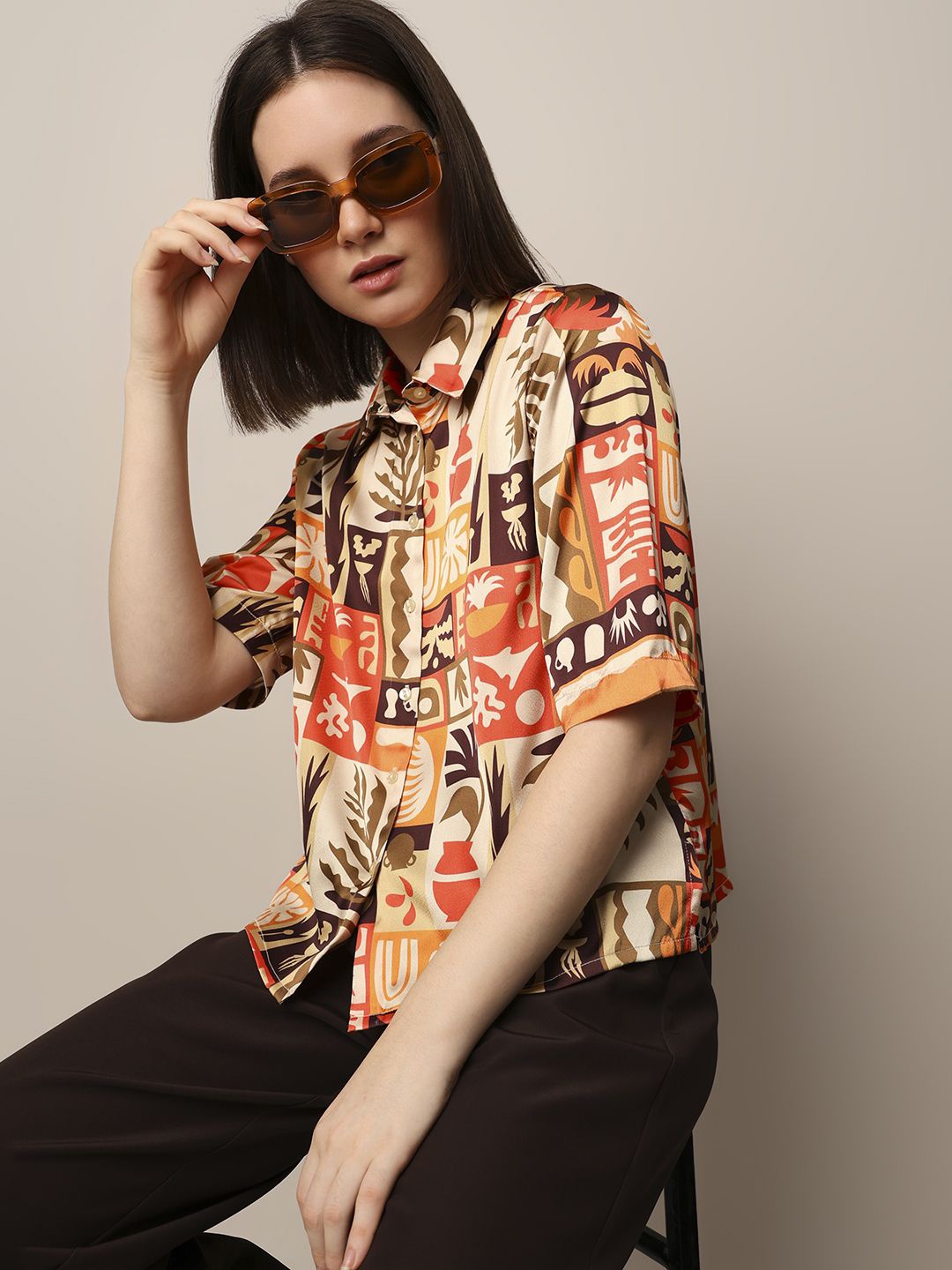 

ONLY Women Abstract Printed Spread Collar Casual Shirt, Yellow