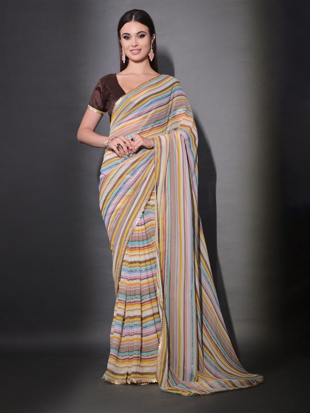 

MySilkLove Embellished Striped Pure Georgette Saree, Brown