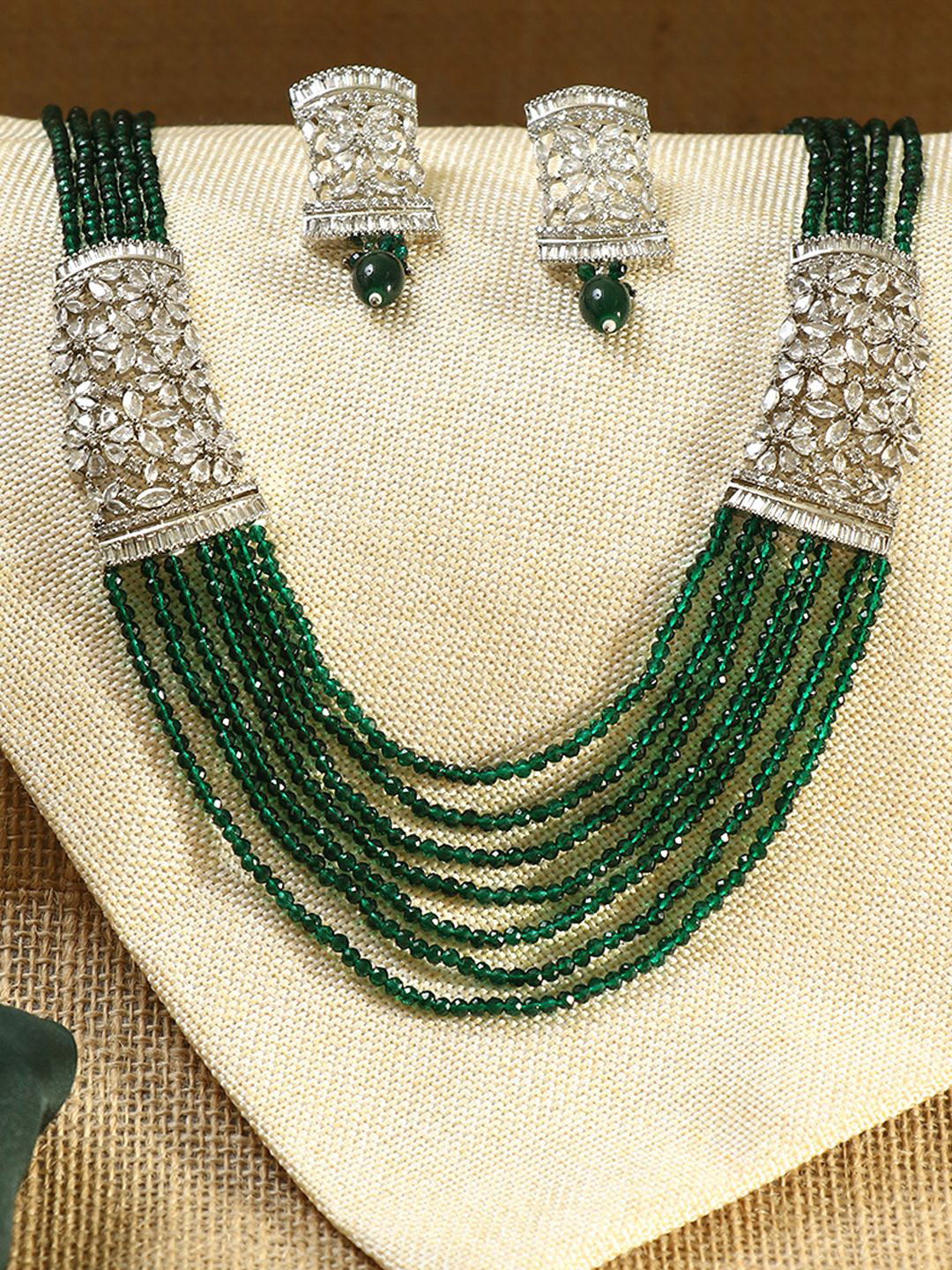 

Adwitiya Collection Rhodium-Plated AD Stone Studded & Beaded Jewellery Set, Silver