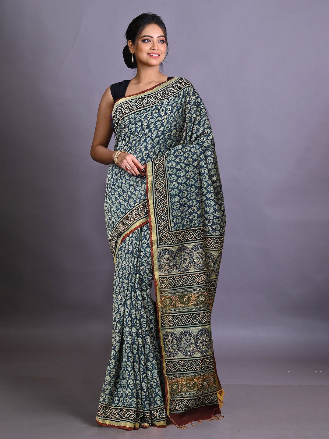 

Unnati Silks Bagru Silk Cotton Ethnic Motifs Zari Handloom Saree, Blue