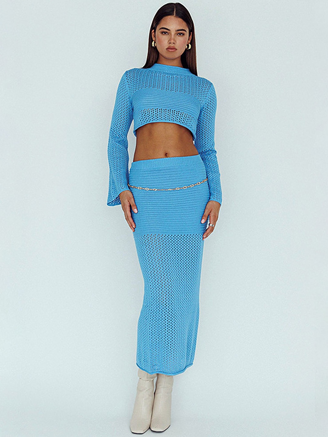 

LULU & SKY Straight Hollow-out Detail Midi Skirt, Blue