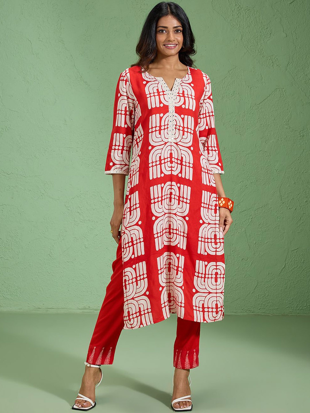 

Likha Women Printed Regular Mirror Work Kurta with Pyjamas, Red