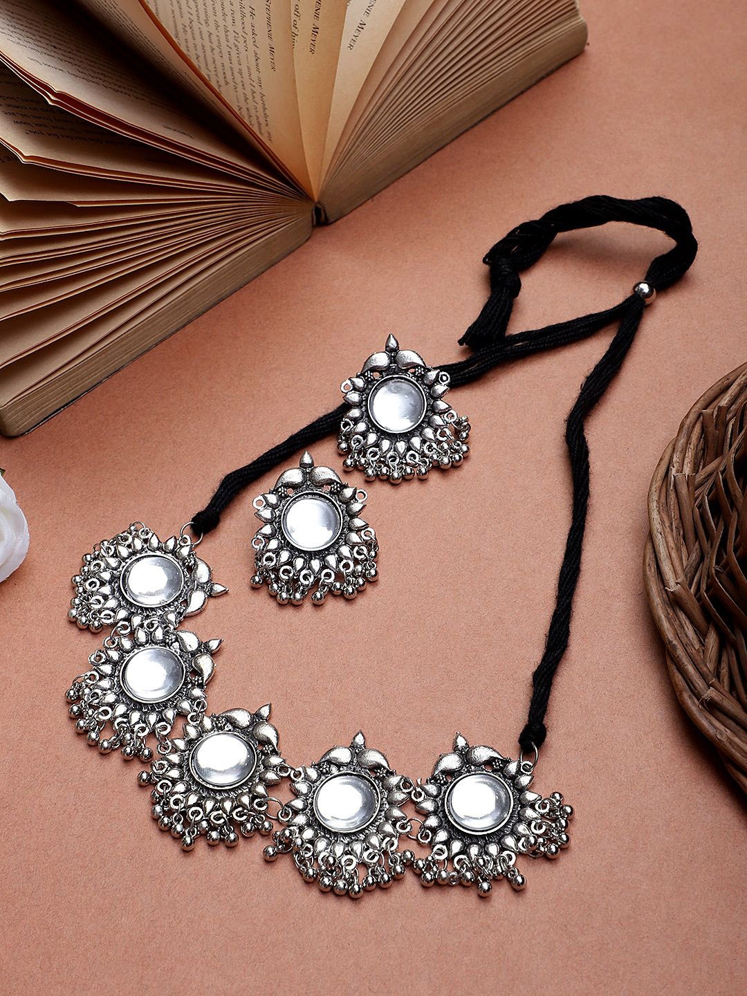 

CARDINAL Oxidised Silver-Plated Stone-Studded & Beaded Jewellery Set