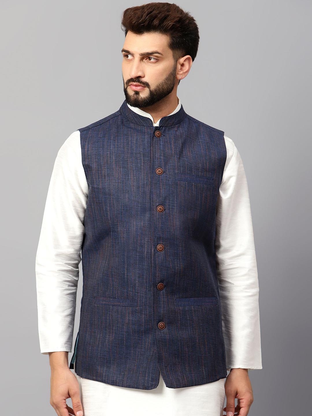 

Latest Chikan Garments Striped Woven Nehru Jacket, Blue
