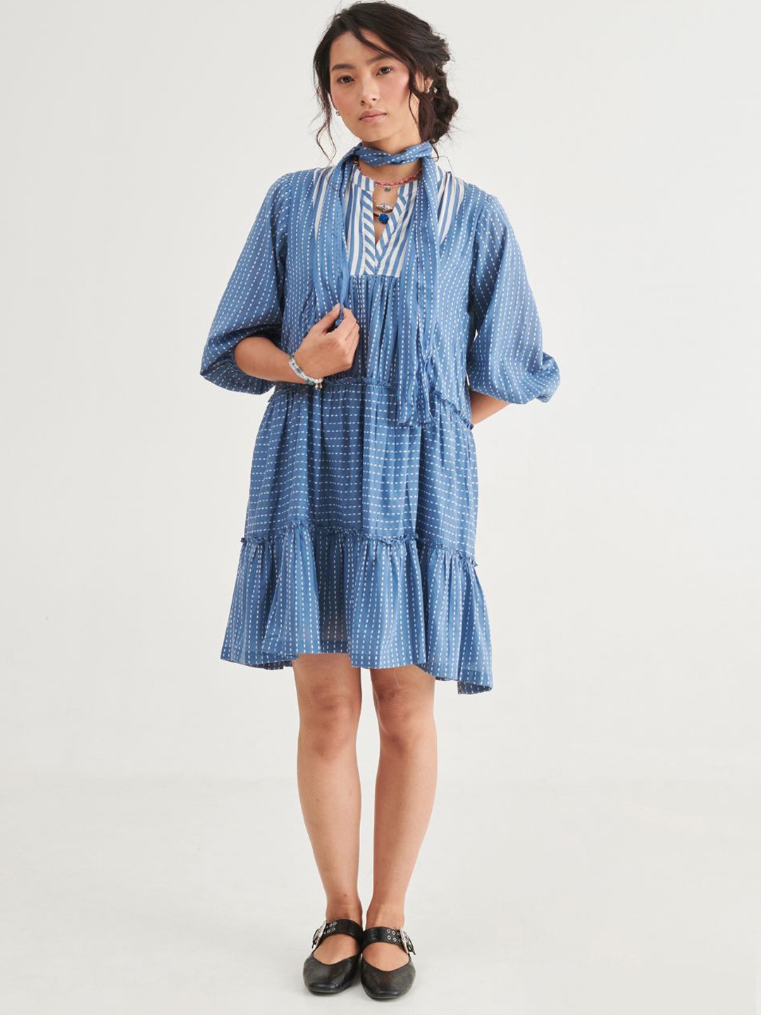 

Prakriti Jaipur Striped Flared Sleeve A-Line Dress, Blue