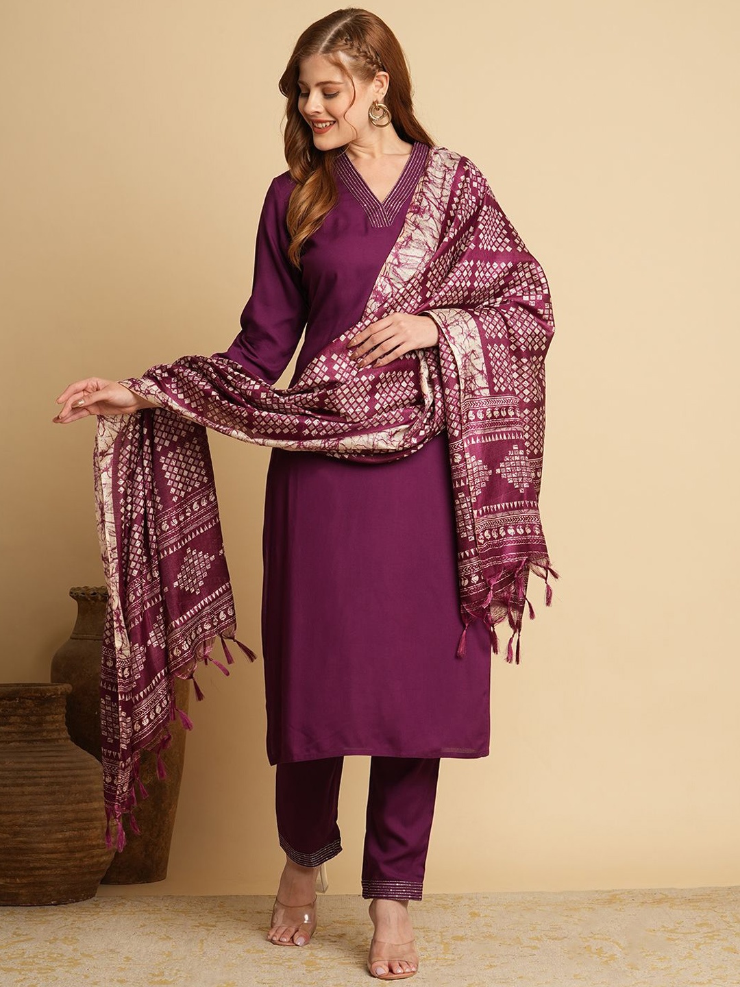 

FASHOR Women Embroidered Regular Kurta with Trousers & With Dupatta, Purple