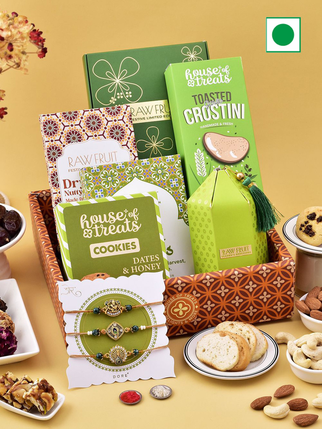 

RawFruit 3-Pcs Bhaiya Bhabhi Rakhi With Dry Fruits & Roli Chawal Gift Set, Brown