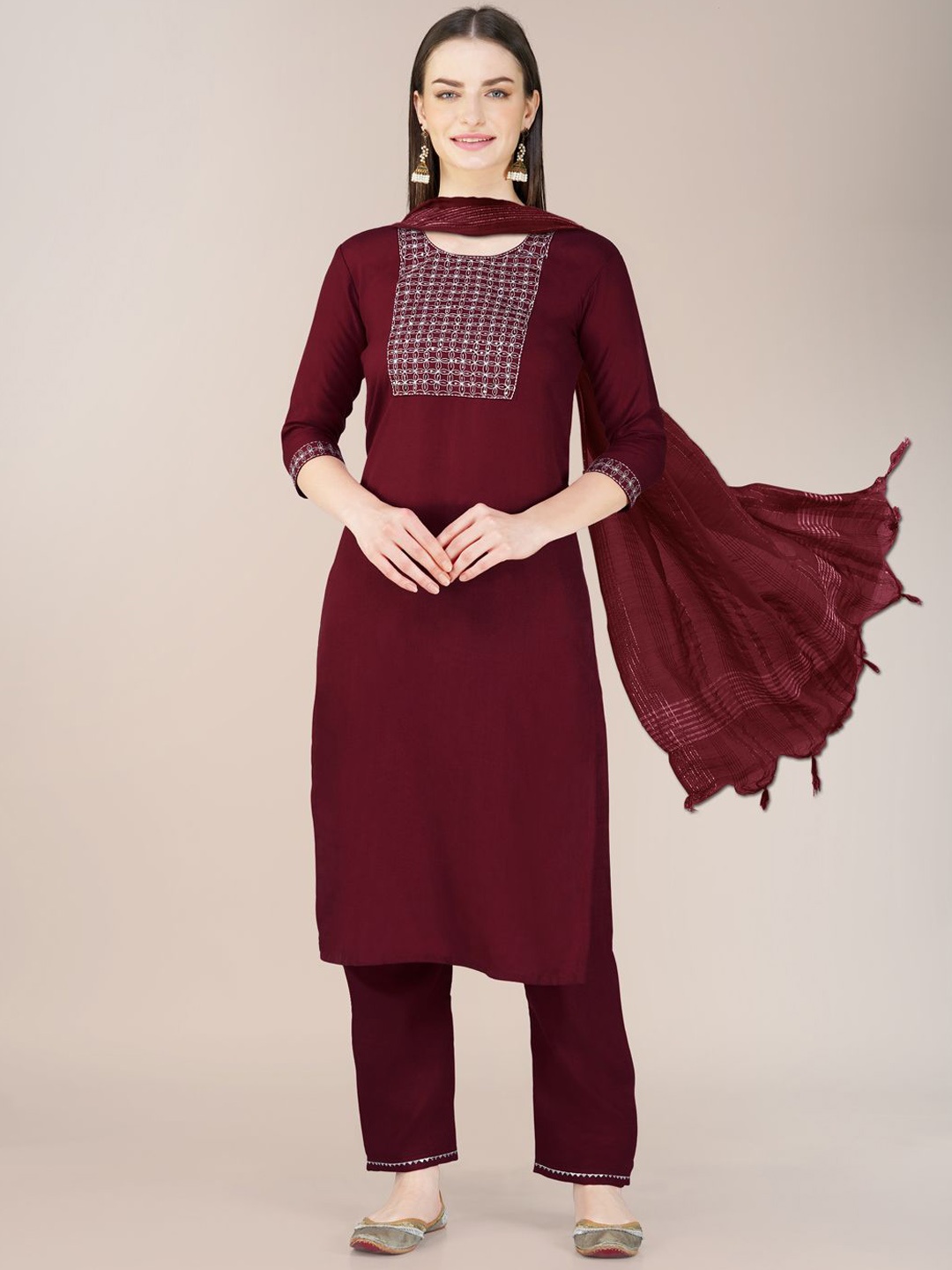 

Rujave Women Paisley Embroidered Regular Sequinned Kurti with Trousers & With Dupatta, Maroon