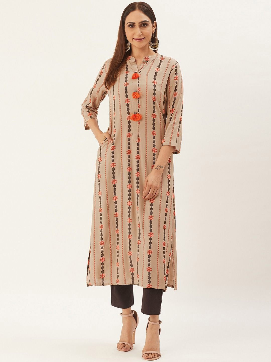 

Anouk Women Floral Printed Regular Pure Cotton Kurta with Trousers, Beige