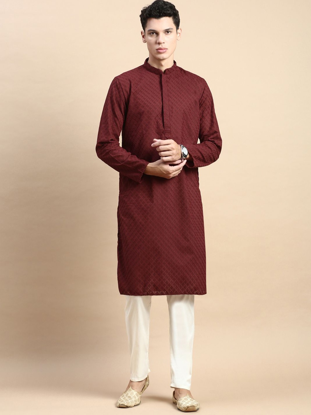 

Rishika Men Ethnic Motifs Embroidered Regular Thread Work Pure Cotton Kurta with Pyjamas, Maroon