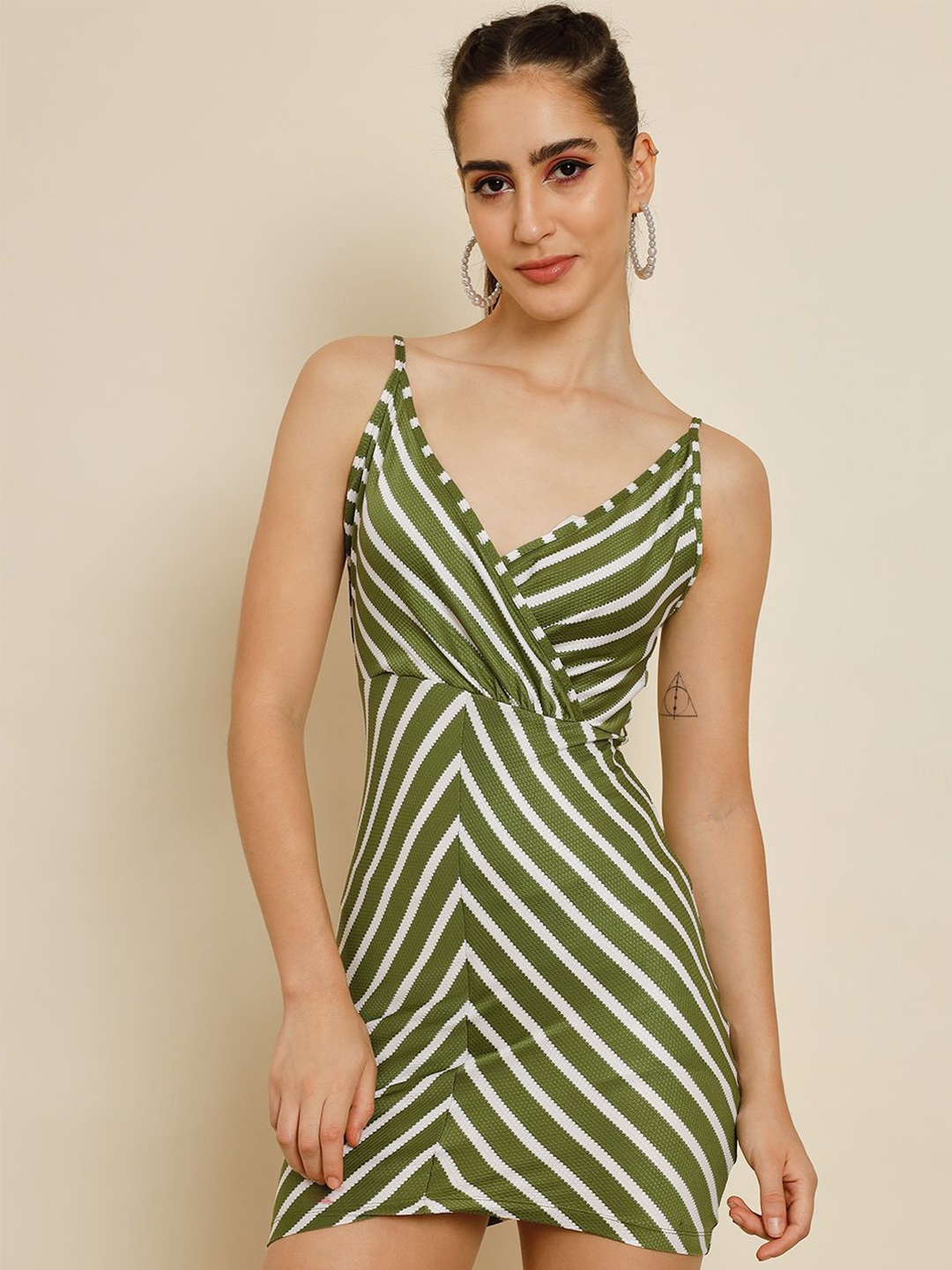 

TANDUL Shoulder Straps Wrap Striped Mini Dress, Green